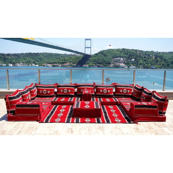 Arabic Floor Seating, U Shaped Diwan Sofa, Red Turkish Sofa, Floor Cushion Seating, Sleeper Couch, Modular Sofa, Convertible Floor Pillows