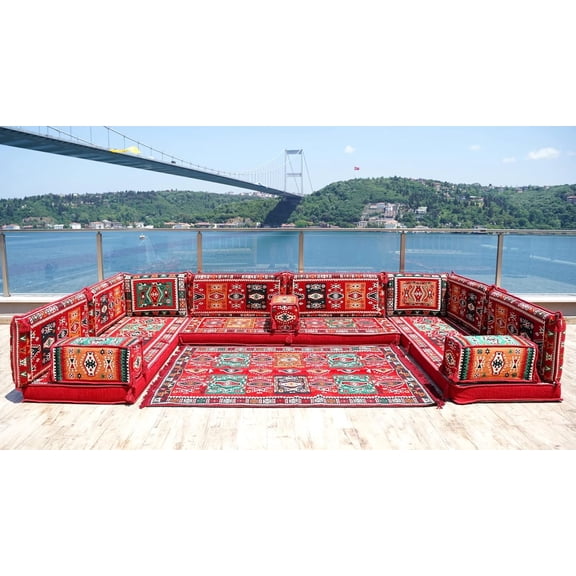 Arabic Floor Seating, U Shaped Sofa Bed, Diwan Sofa, Red Turkish Sofa, Floor Cushion Seating, Modular Sofa, Arabic Majlis, Sofa Cushions