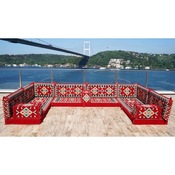 Arabic Floor Seating, U Shaped Sofa Bed, Diwan Sofa, Red Turkish Sofa, Floor Cushion Seating, Sleeper Couch, Modular Sofa