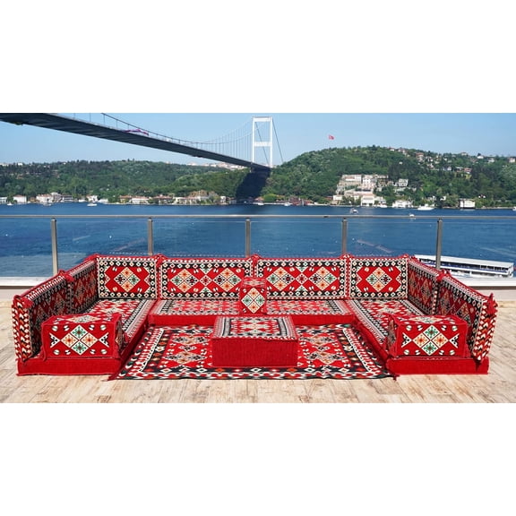 Arabic Floor Seating, U Shaped Sofa Bed, Diwan Sofa, Red Turkish Sofa, Floor Cushion Seating, Sleeper Couch, Modular Sofa