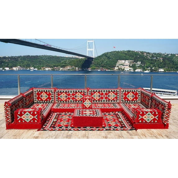 Arabic Floor Seating, U Shaped Sofa Bed, Diwan Sofa, Red Turkish Sofa, Floor Cushion Seating, Sleeper Couch, Modular Sofa