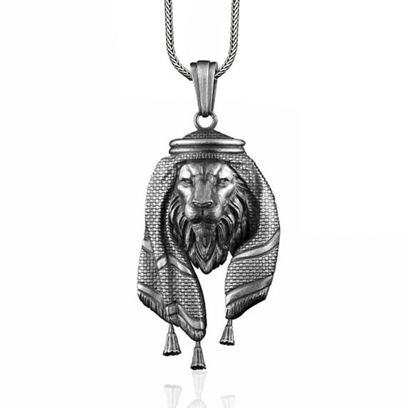 Arabic Keffiyeh African Lion Silver Necklace, Silver Arabic Mens Jewelry, Wild Lion Necklace, Lion Silver Men Jewelry, Necklace For Men
