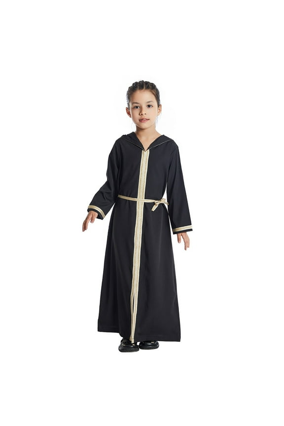 Arabic Long Sleeve Kaftan Robe for Teenagers - Traditional National Embroidered Dress Set, Beige Hooded Robe with Gold Trim, for Cultural Events and Daily Wear