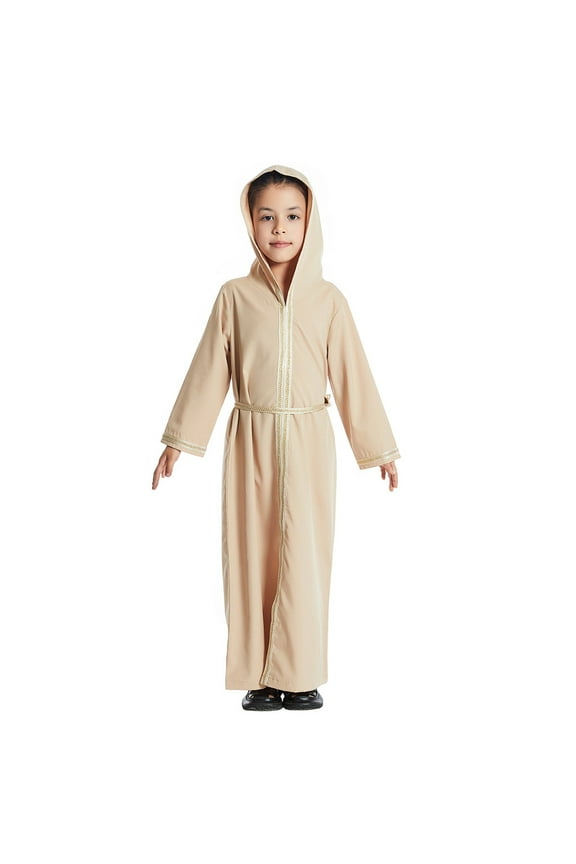 Arabic Long Sleeve Kaftan Robe for Teenagers - Traditional National Embroidered Dress Set, Beige Hooded Robe with Gold Trim, for Cultural Events and Daily Wear