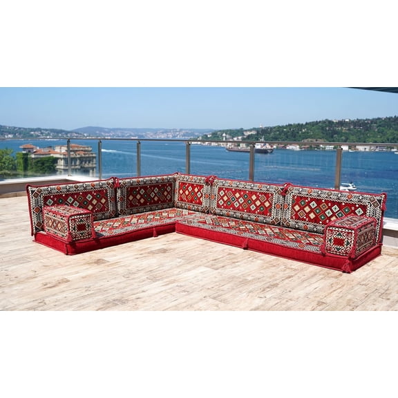 Arabic Majlis, Convertible Burgundy Sofa, Sofa Bed, Corner Floor Pillows, Sleeper Sofa, Arabic Majlis, Floor Cushion Seating, Full Size Futon