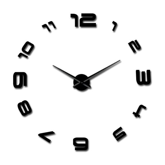 Arabic Number DIY Wall Clock Wall Watch Giant Wall Clock 3D Mirror Sticker Frameless Huge Wall Watch Living Room Decor(Black,27inch)