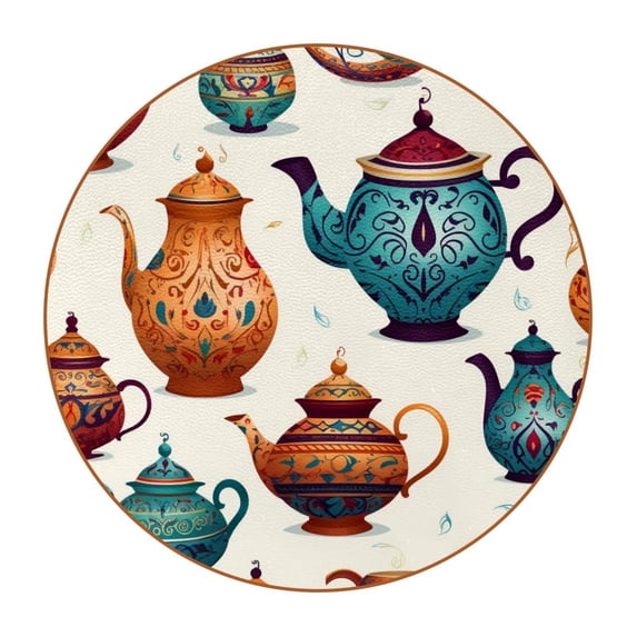Arabic Teapot 6 Pack Round Coasters, Microfiber Leather Drink Coasters Set of 6, 11x11 cm/4.3x4.3 Inches Absorbent Coasters for Drinks Tables Dining Table Décor