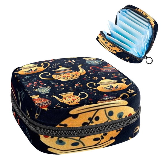 Arabic Teapot Sanitary Napkin Bag Period Purse Small Storage Bag Pouch Case Travel Organizer Zipper Pouch 4.7x6.6x6.6 in Velvet Oxford Cloth Sponge Fabric Storage Bag for Sanitary Napkins