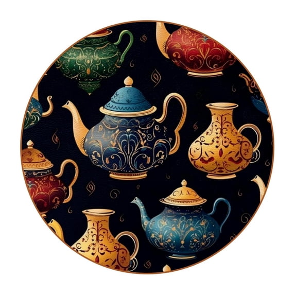 Arabic Teapot Set of 6 Microfiber Leather Round Coasters, 11x11 cm/4.3x4.3 in, Drink Coasters for Home and Bar, Table Coasters