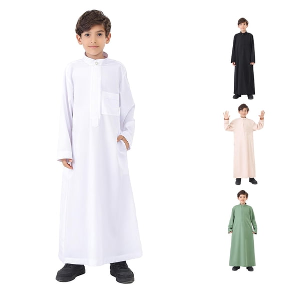 Arabic Thobe Muslim Kaftan Robe, Long Sleeve Embroidered National Costume Set for Teenage Boys