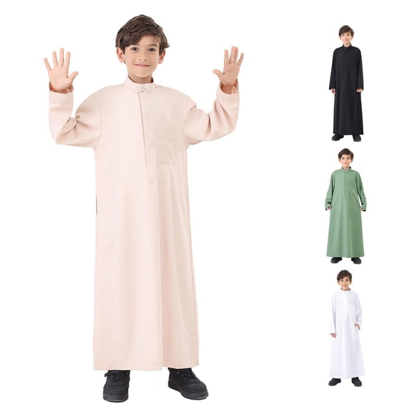 Arabic Thobe Muslim Kaftan Robe, Long Sleeve Embroidered National Costume Set for Teenage Boys