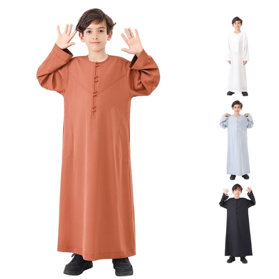 Arabic Thobe Muslim Long Sleeve Kaftan Robe, Embroidered National Costume Set for Teenage Boys