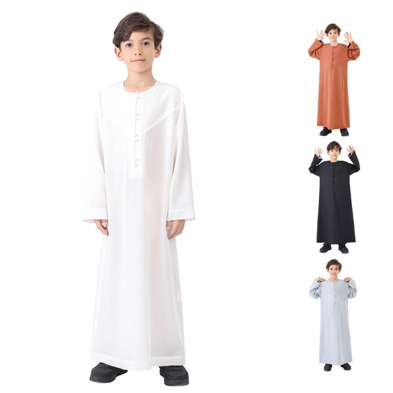 Arabic Thobe Muslim Long Sleeve Kaftan Robe, Embroidered National Costume Set for Teenage Boys