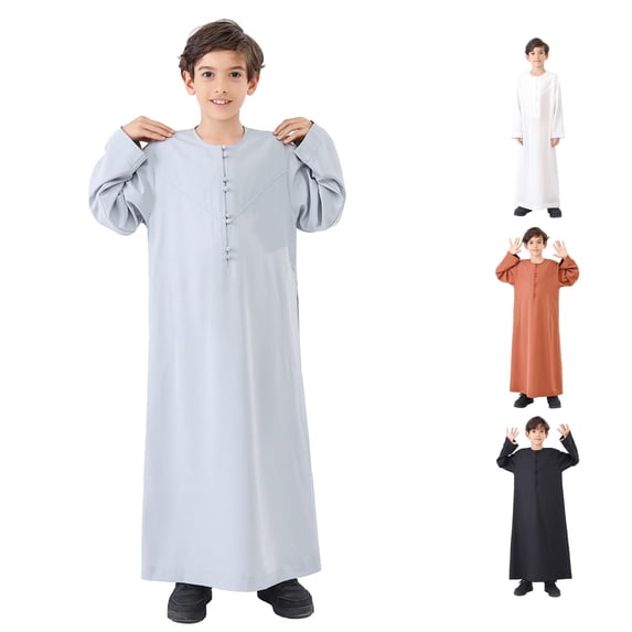 Arabic Thobe Muslim Long Sleeve Kaftan Robe, Embroidered National Costume Set for Teenage Boys