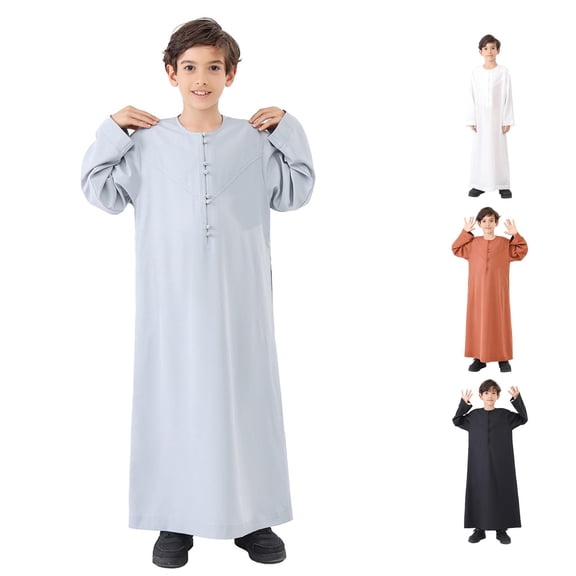 Arabic Thobe Muslim Long Sleeve Kaftan Robe, Embroidered National Costume Set for Teenage Boys