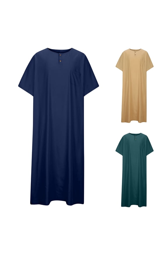 Arabic Thobe Muslim Thobe Short Sleeve Kaftan Crew Neck Robe with Button for Men Big and Tall Size S-5XL Navy