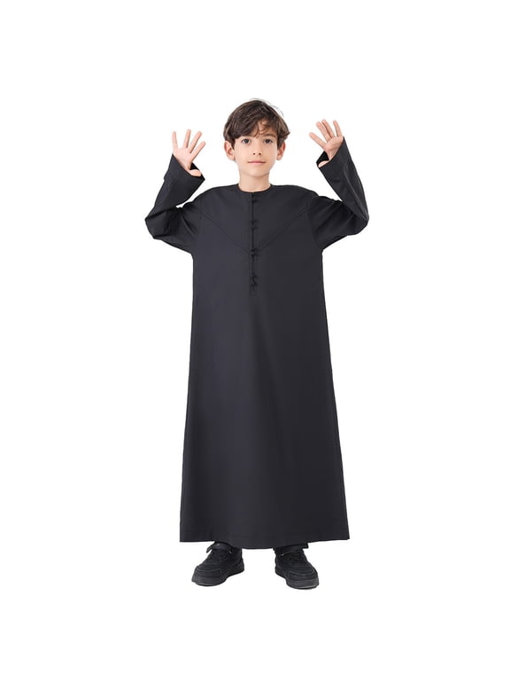 Arabic Thobe Thobe Long Sleeve Kaftan Crew Robe National Teenage Boys Long Sleeve Embroidered Robe Set Arab Children's Wear Robe