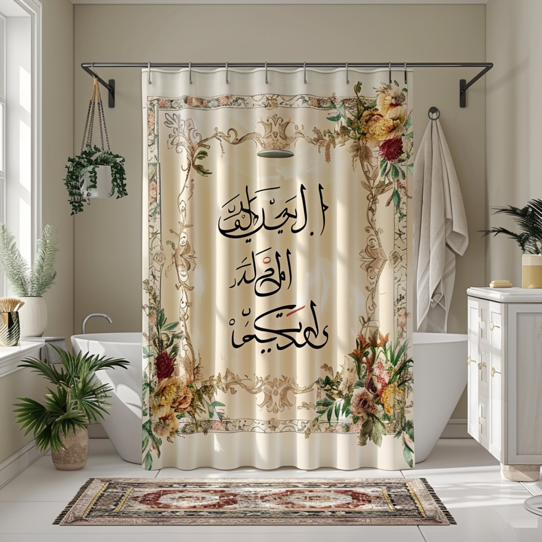 Arabic calligraphy themed shower curtain with floral patterns and
