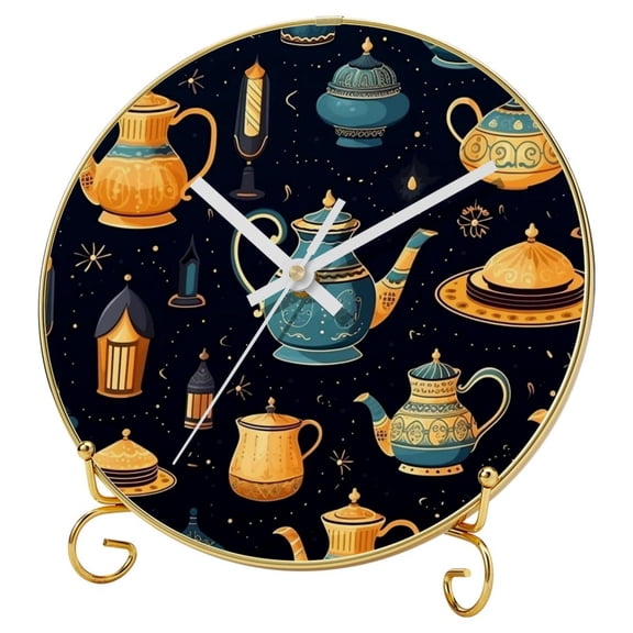 Arabic teapot Modern Round Wall Clock with Hooks and Gold Stand - Silent Non-Ticking Clock for Living Room, Bedroom, and Office