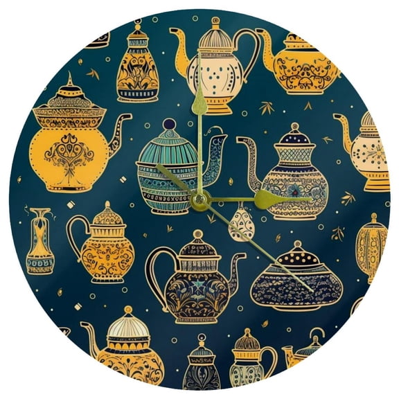 Arabic teapot Wall Clocks: Round Acrylic 9.8 Inches Silent Non Ticking Battery Powered for Kitchen Bedroom Living Room Office, etc.