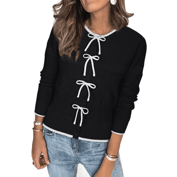 Arach&Cloz Women’s Bow Sweaters Fall Color Block Casual Cardigan Sweaters 2025