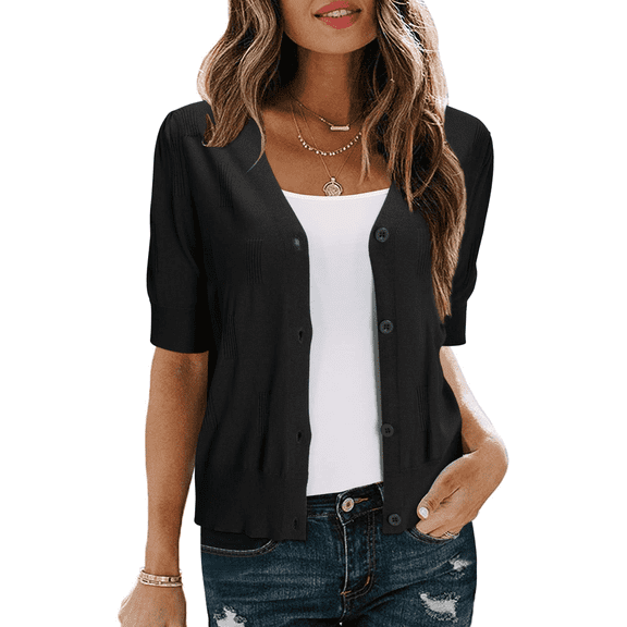 Arach&Cloz Women's Lightweight Summer Business Casual Cropped Short Sleeve Cardigan