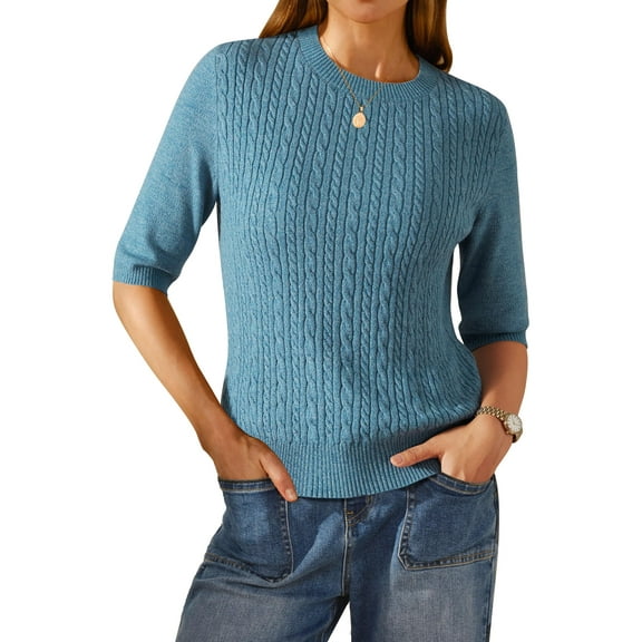 Arach&Cloz Women's Wool Blend Old Money Cable Knit Elbow Sleeve Sweaters 2025