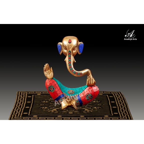 Aradhya Arts Brass Ganesh statue, 7.8 Inch / 20 CM tall sculpture of Lord Ganesh with Stone inlay for Home Décor, Temple, Living Room, Offices and all occasion gifting.