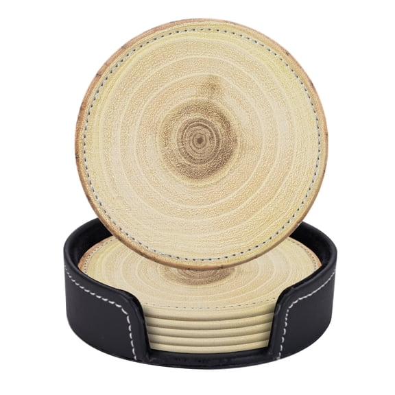 PU Leather Coasters for Drinks Bar Beer,Set of 6 with Holder,Round Housewarming Gift,Arafed Wood Slice With Cross Section Of Tree Trunk