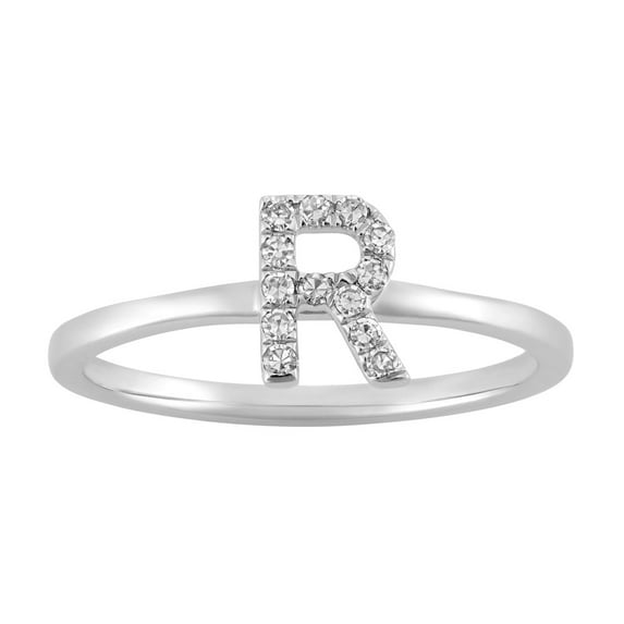 Araiya 10K White Gold Diamond R Initial Band Ring for Women (1/10 cttw, I-J Color, I2-I3 Clarity) Size 6
