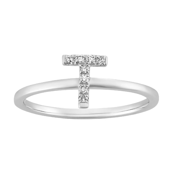 Araiya 10K White Gold Diamond T Initial Band Ring for Women (1/10 cttw, I-J Color, I2-I3 Clarity) Size 5