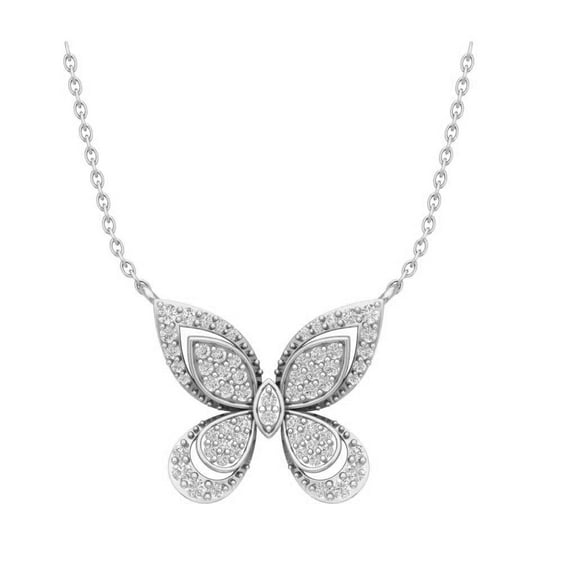 Araiya Fine Jewelry 10K White Gold Round Diamond Butterfly Pendant with Sterling Silver Chain Necklace (1/3 cttw, I-J Color, I2-I3 Clarity), 18"