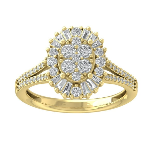 Araiya 10K Yellow Gold Round and Baguette Diamond Halo Ring (1 cttw, I-J Color, I2-I3 Clarity), Size 5.5
