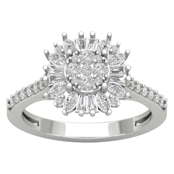 Araiya 14K White Gold Round Baguette and Marquise Diamond Halo Flower Shape Ring (1 cttw, I-J Color, I2-I3 Clarity), Size 8.5