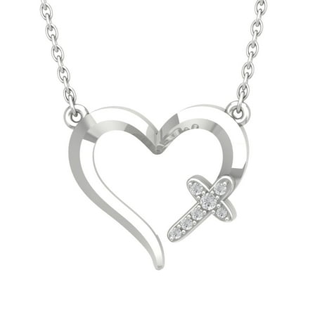 Araiya 14K White Gold Round Diamond Cross Heart Pendant with Sterling Silver Chain Necklace (1/20 cttw, I-J Color, I2-I3 Clarity), 18"