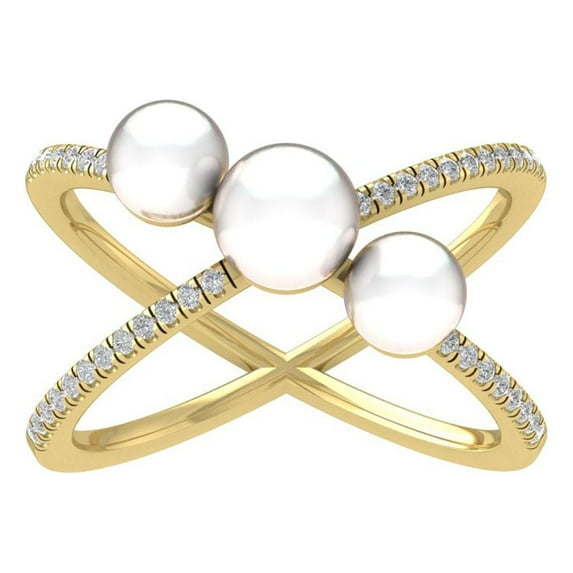 Araiya 14K Yellow Gold Diamond and Freshwater Cultured Pearl Band Ring (1/6 cttw, I-J Color, I2-I3 Clarity), Size 9.5