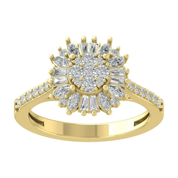 Araiya 14K Yellow Gold Round Baguette and Marquise Diamond Halo Flower Shape Ring (1 cttw, I-J Color, I2-I3 Clarity), Size 9.5