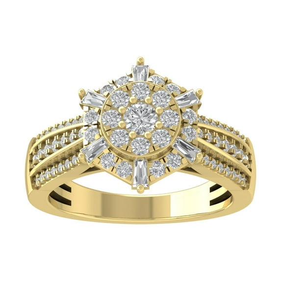 Araiya 14K Yellow Gold Round and Baguette Diamond Cluster Ring (1 cttw, I-J Color, I2-I3 Clarity), Size 7.5