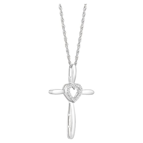Araiya Fine Jewelry 10K White Gold Round Diamond Cross Heart Pendant with Sterling Silver Rope Chain Necklace (1/10 cttw, I-J Color, I2-I3 Clarity), 18"