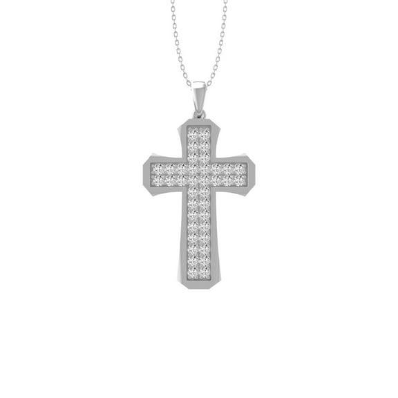 Araiya Fine Jewelry 10K White Gold Round Shape Lab Grown Diamond Cross Mens Pendant with Silver Plated Cable Chain Necklace for Women (1 cttw, D-F Color, VS Clarity) 22"