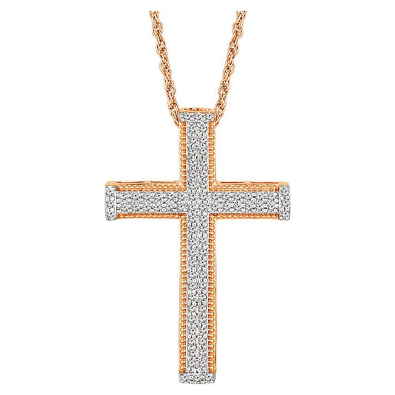 Araiya Fine Jewelry 14K Rose Gold Round Diamond Cross Pendant with Gold Plated Silver Rope Chain Necklace (3/8 cttw, I-J Color, I2-I3 Clarity), 18"