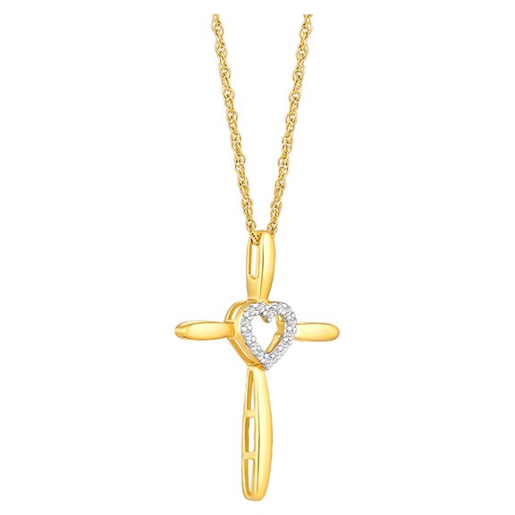 Araiya Fine Jewelry 14K Yellow Gold Round Diamond Cross Heart Pendant with Gold Plated Silver Rope Chain Necklace (1/10 cttw, I-J Color, I2-I3 Clarity), 18"