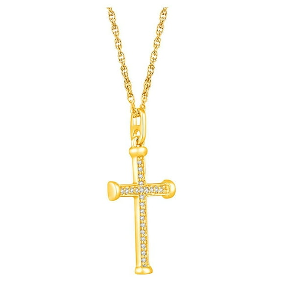 Araiya Fine Jewelry 14K Yellow Gold Round Diamond Cross Pendant with Gold Plated Silver Rope Chain Necklace (1/10 cttw, I-J Color, I2-I3 Clarity), 18"