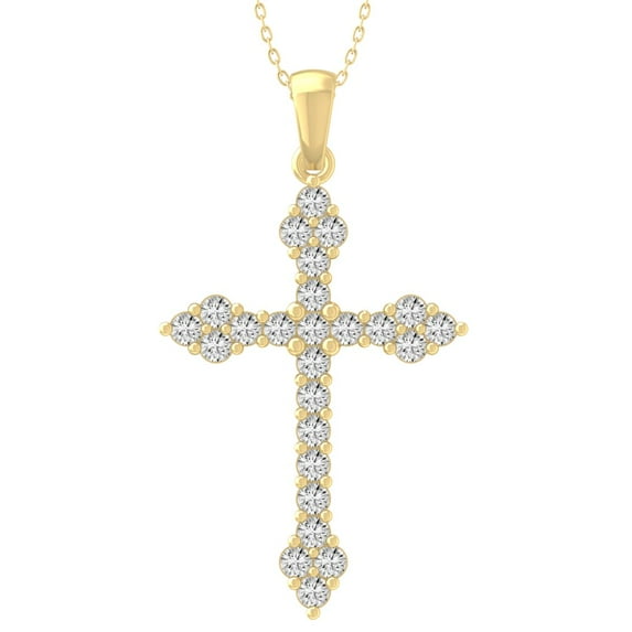 Araiya Fine Jewelry 14K Yellow Gold Round Shape Lab Grown Diamond Composite Cross Pendant with Silver Yellow Plated Cable Chain Necklace for Women (1/6 cttw, D-F Color, VS Clarity) 18"