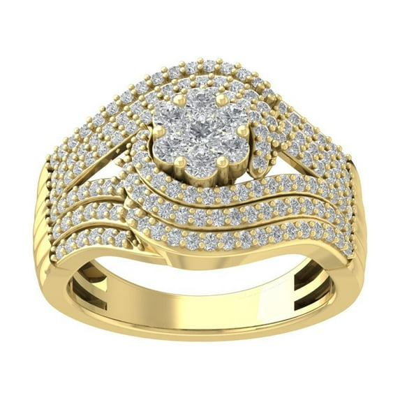 Araiya Fine Jewelry 14K Yellow Gold Round-shape Lab Grown Diamond Cluster Engagement Ring ( 1 cttw, D-F Color, VS Clarity) Size 6.5