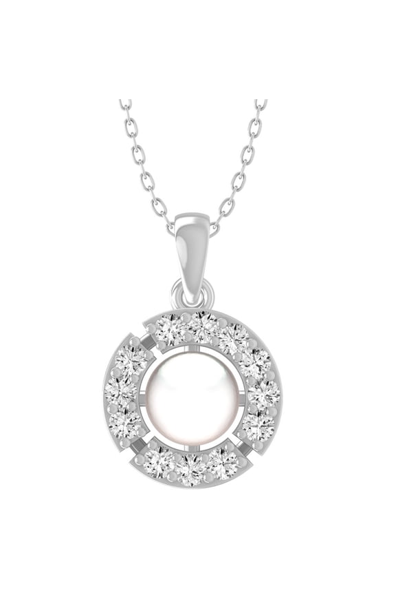 Fine Jewelry 925 Sterling Silver Round Shape Lab Grown Diamond Halo Pearl Pendant with Silver Cable Chain Necklace for Women (1/5 cttw, D-F Color, VS Clarity) 18"