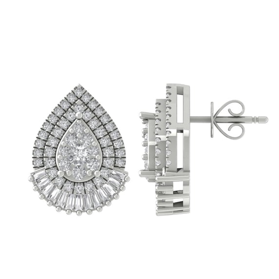 Araiya Sterling Silver Round and Baguette Diamond Stud Earrings for Women (1 cttw, I-J Color, I2-I3 Clarity)