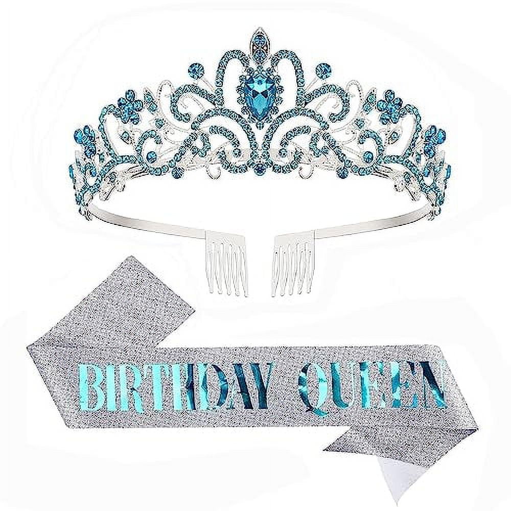 Araluky Blue Birthday Sash and Tiara for Women Glitter Birthday Queen