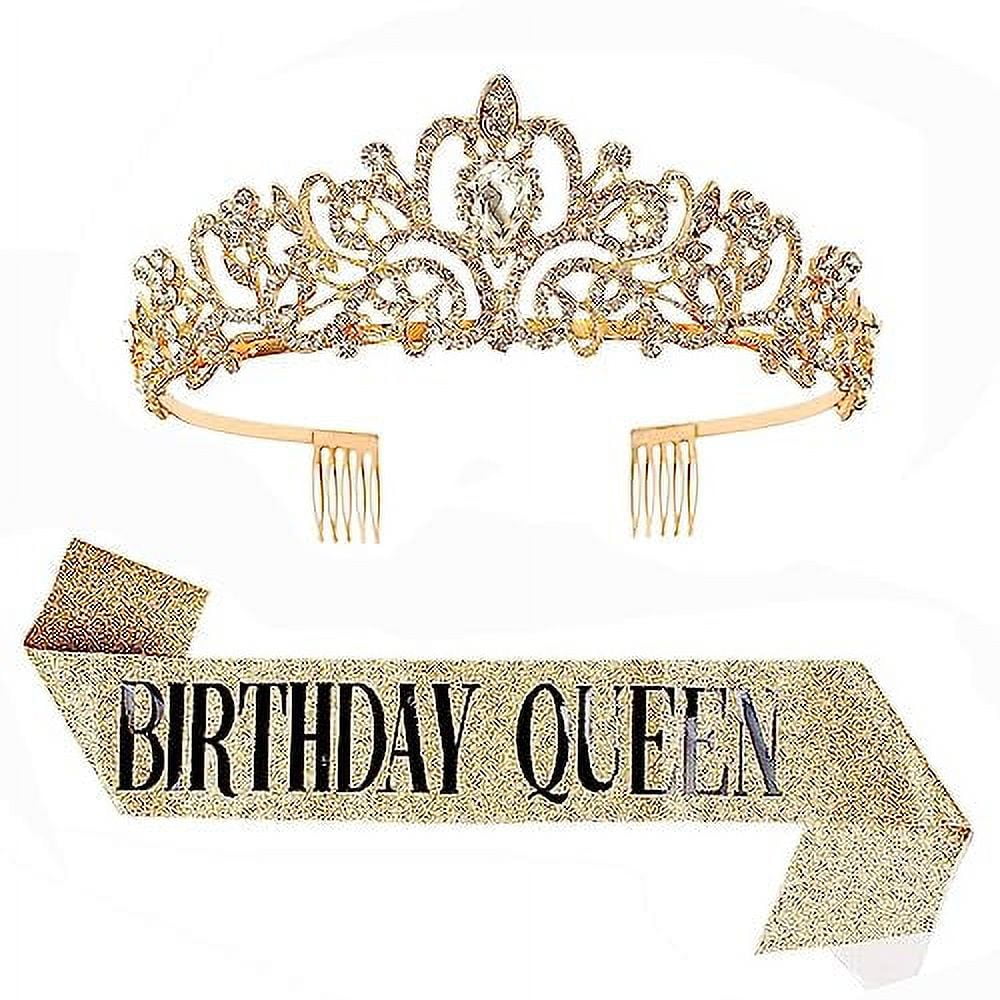 Araluky Gold Birthday Sash and Tiara for Women Glitter Birthday Queen