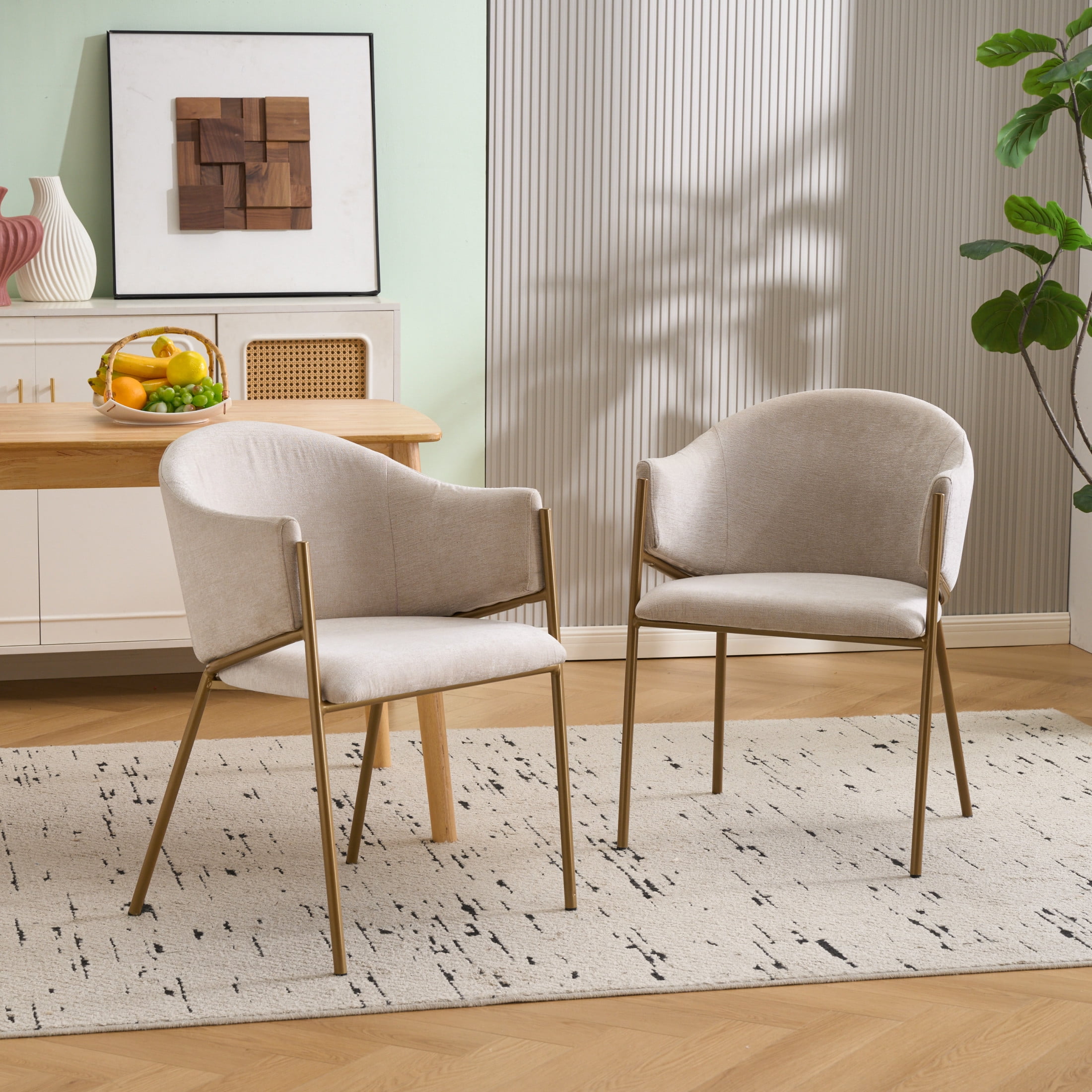 Aralyn Modern Upholstered Chenille Dining Chairs, Iron, Light Camel + Gold, Set of 2